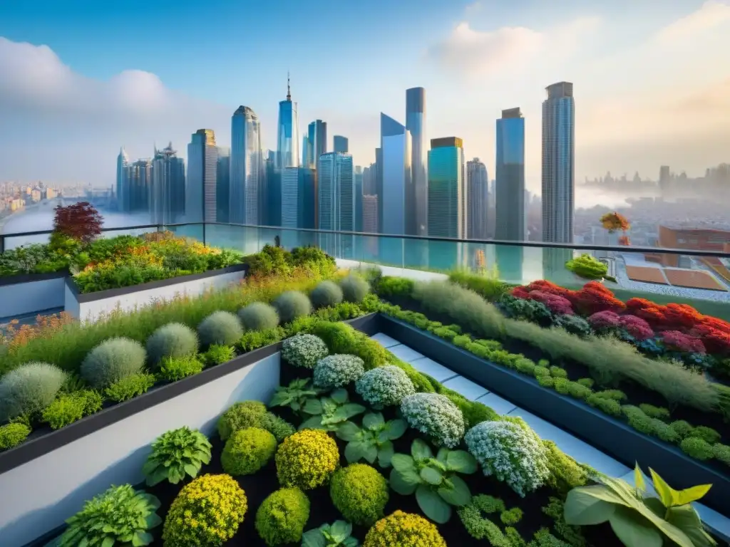 Un jardín colgante vibrante y exuberante en contraste con el moderno skyline de la ciudad