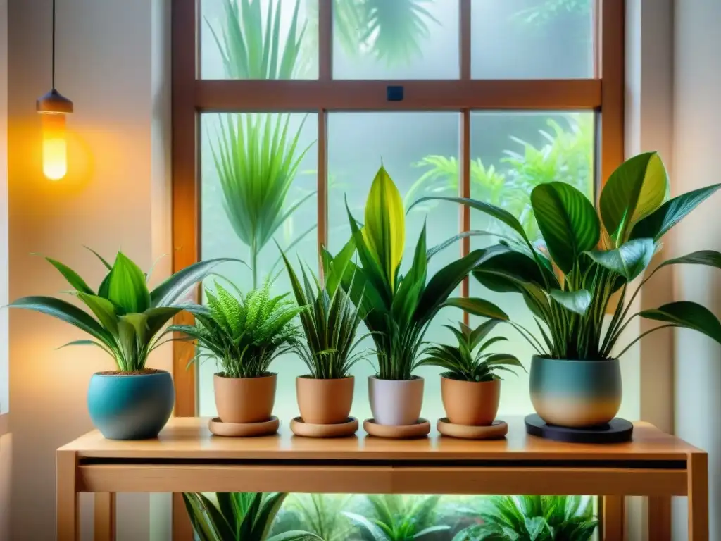 Un jardín interior vibrante y exuberante con plantas para mejorar la calidad del aire en macetas decorativas en un soporte de madera