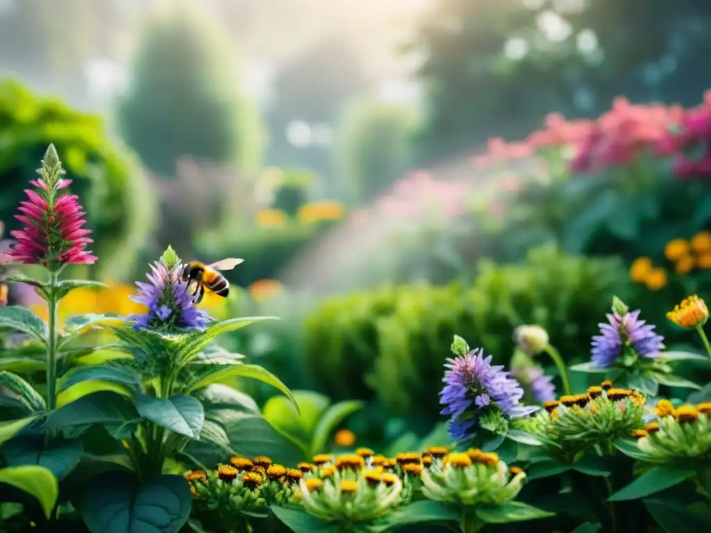 Un jardín vibrante con flores coloridas, abejas y mariposas polinizando