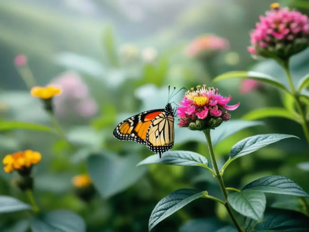 Mariposa en jardín vibrante, con flores coloridas y vida silvestre, creando un ecosistema equilibrado para jardín