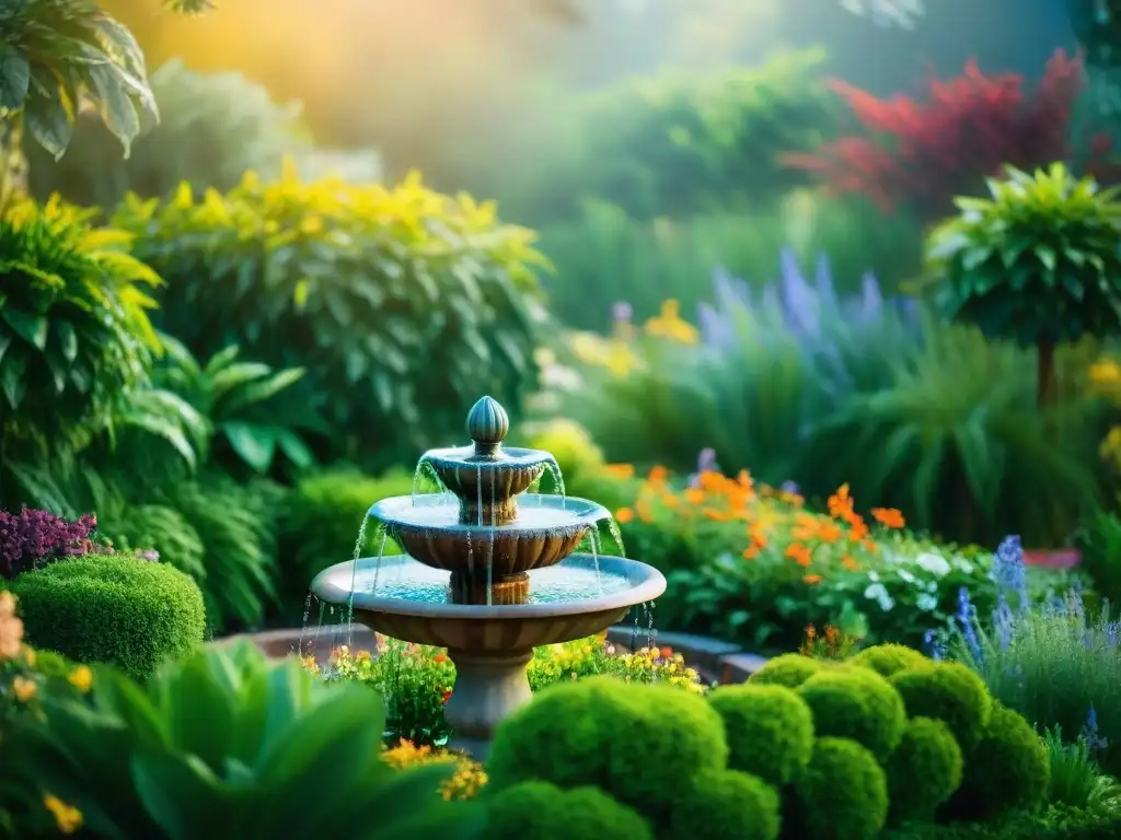 Un jardín vibrante con fuente de agua sostenible, rodeado de plantas nativas coloridas y mariposas