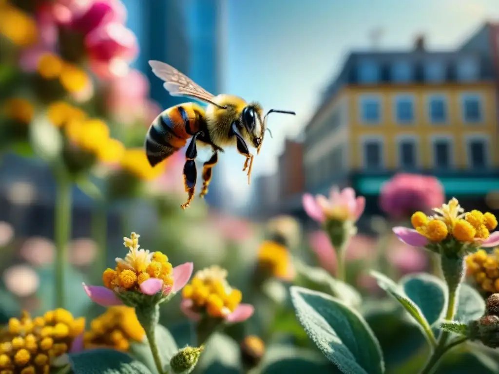 Un vibrante huerto urbano con abejas y mariposas revoloteando entre las flores en la ciudad