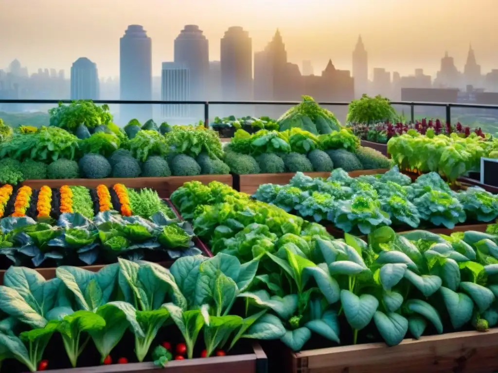 Un vibrante huerto urbano en espacio reducido, rebosante de verduras y frutas, iluminado por el sol en una bulliciosa ciudad