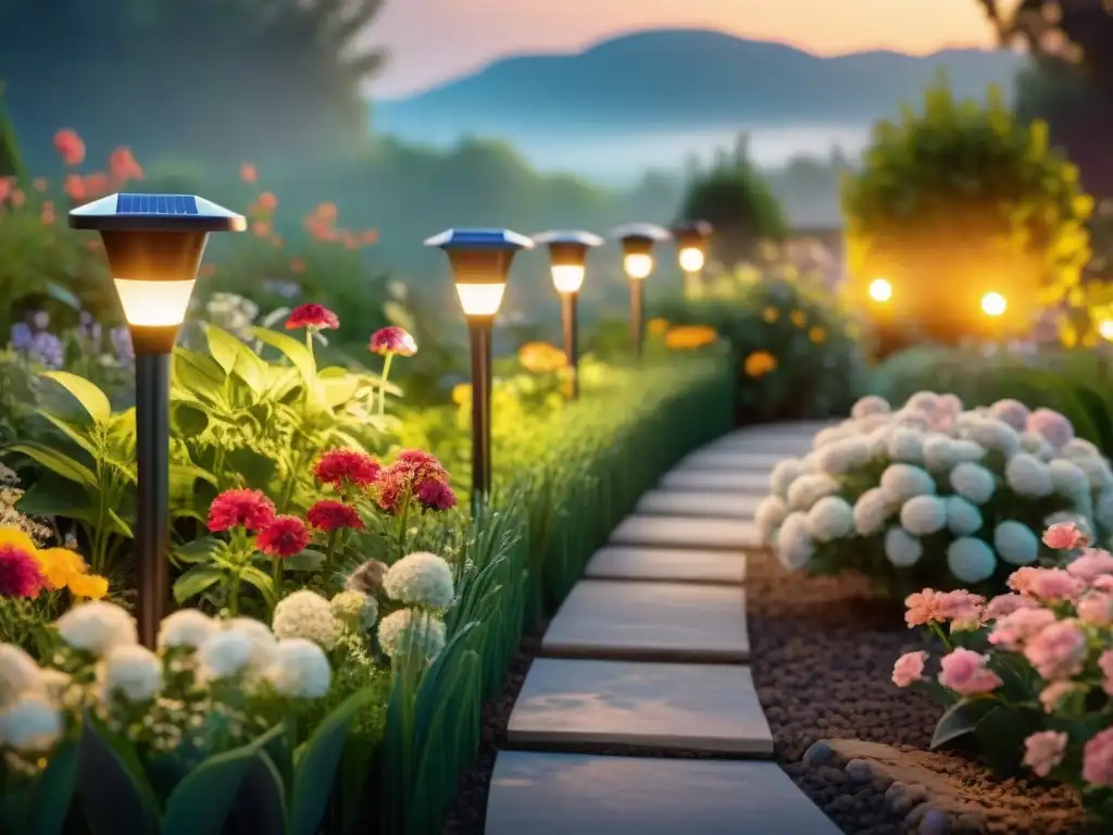 Un jardín vibrante iluminado por luces solares en atardecer