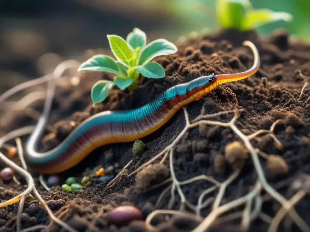 Vibrante imagen de gusano de tierra sano en suelo fértil, raíces coloridas y micelio, vitalidad de ecosistema