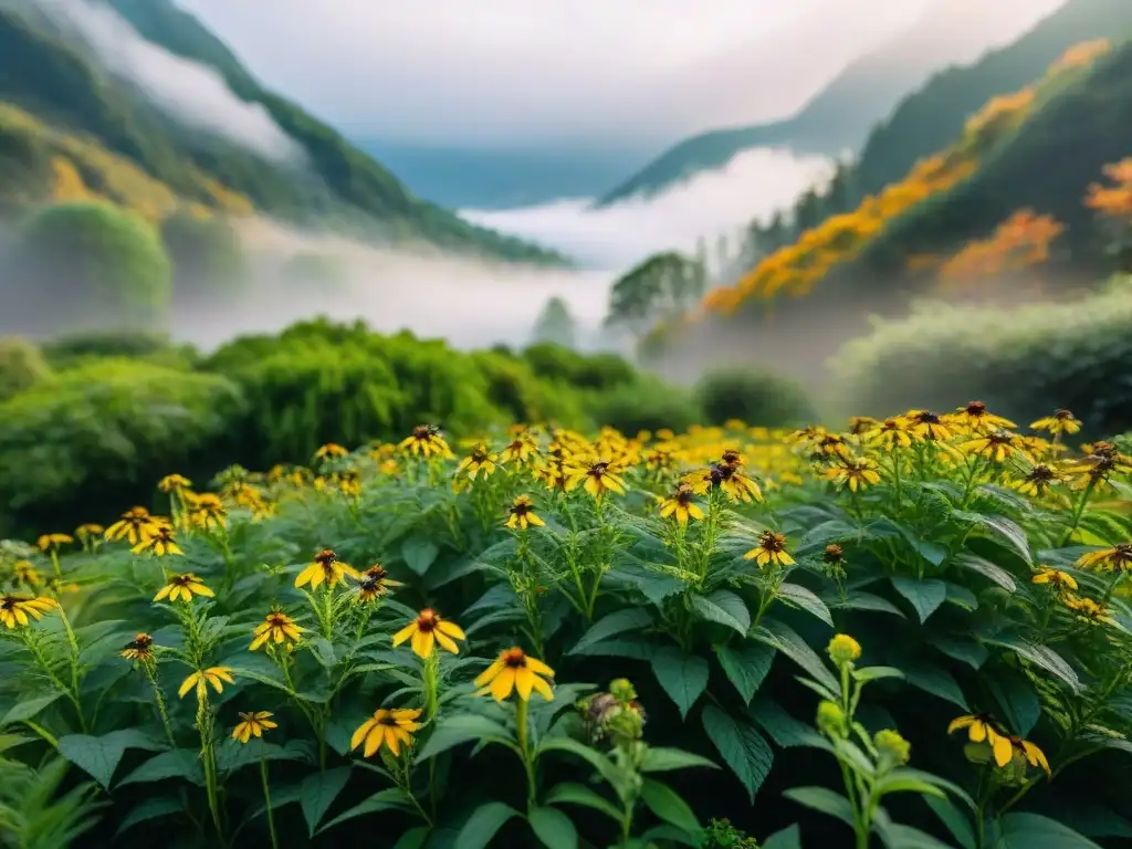 Un vibrante e intrincado ecosistema de plantas nativas, con flores coloridas y polinizadores, resaltando el impacto ambiental de las plantas nativas