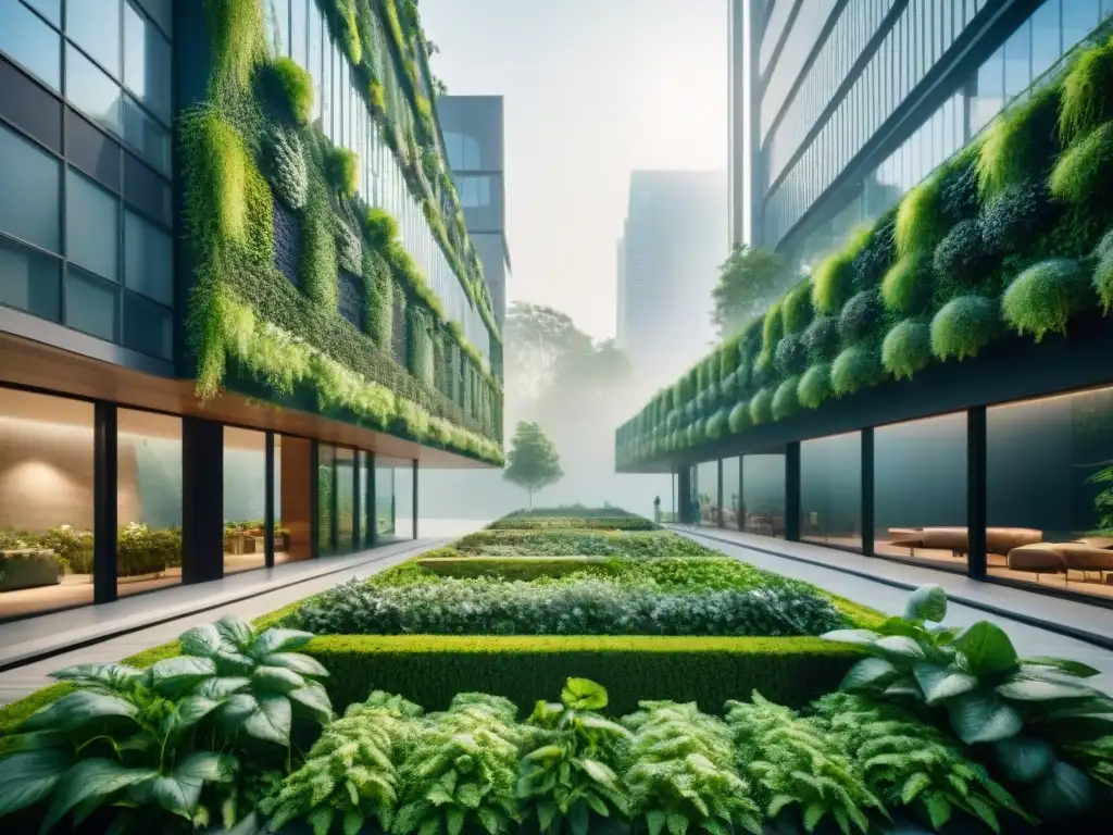 Metrópolis verde: Integración de la naturaleza en la ciudad Metrópolis vibrante con jardines verticales en rascacielos, terrazas verdes y calles arboladas