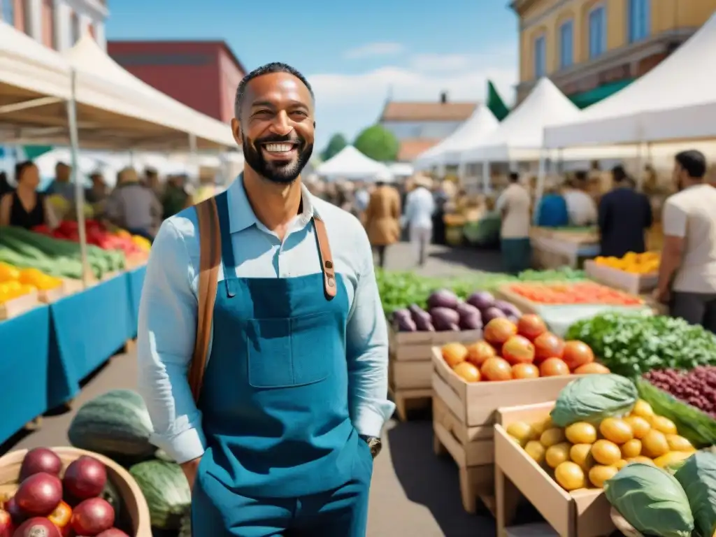 Vibrante mercado de agricultores en comunidad sostenible, promoviendo economía local y consumo consciente