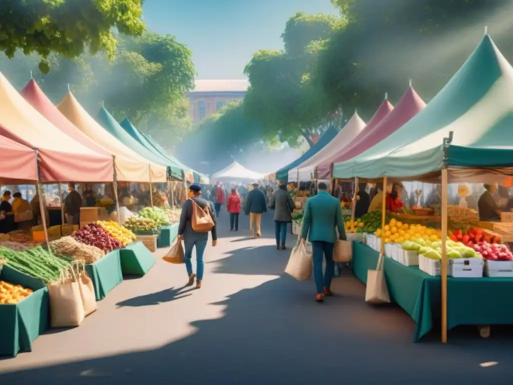 Un vibrante mercado con productos orgánicos bajo coloridas carpas, gente diversa conversando y comprando