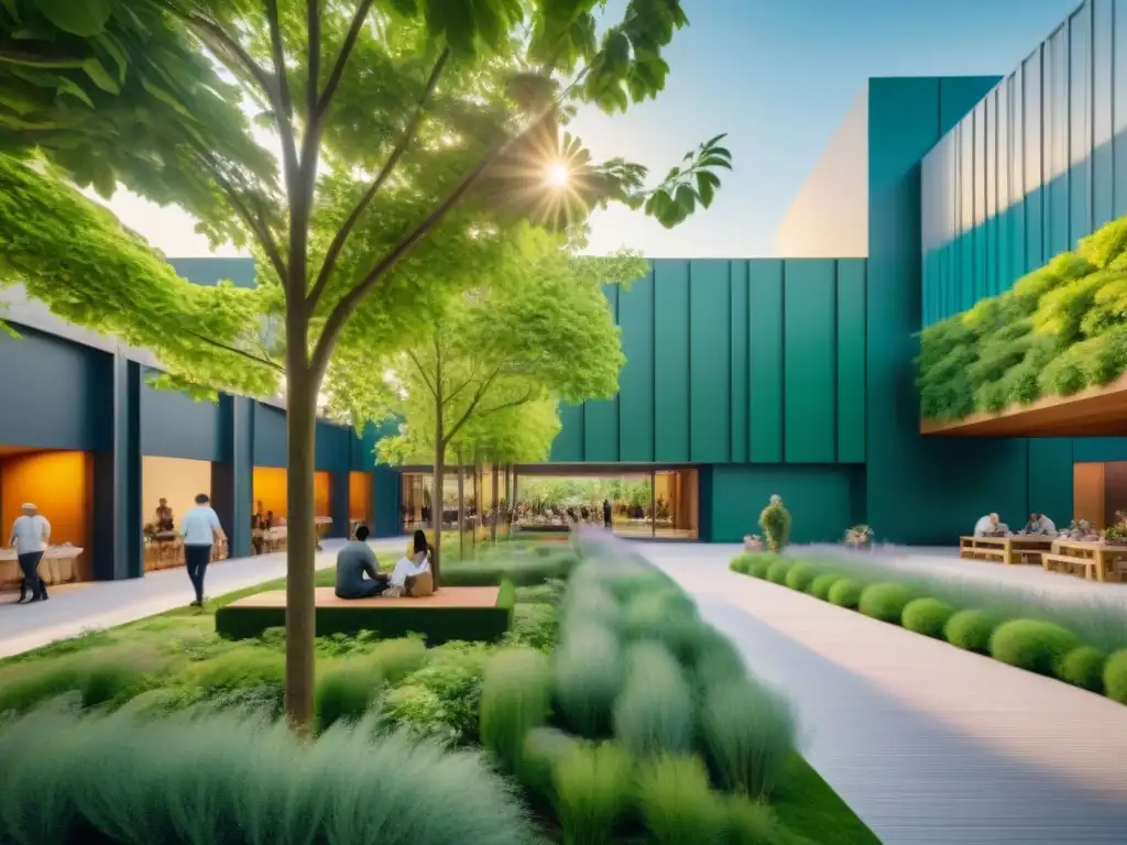 Plaza urbana se transforma en oasis verde vibrante Un vibrante oasis urbano: diseño urbano moderno con naturaleza integrada en una plaza bulliciosa