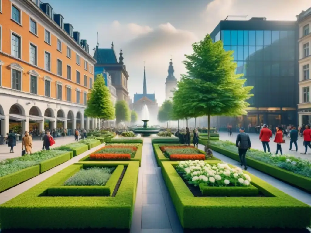 Plaza urbana se transforma en oasis verde: convivencia armoniosa Un vibrante oasis urbano con Espacios públicos verdes sostenibles, naturaleza y diversidad