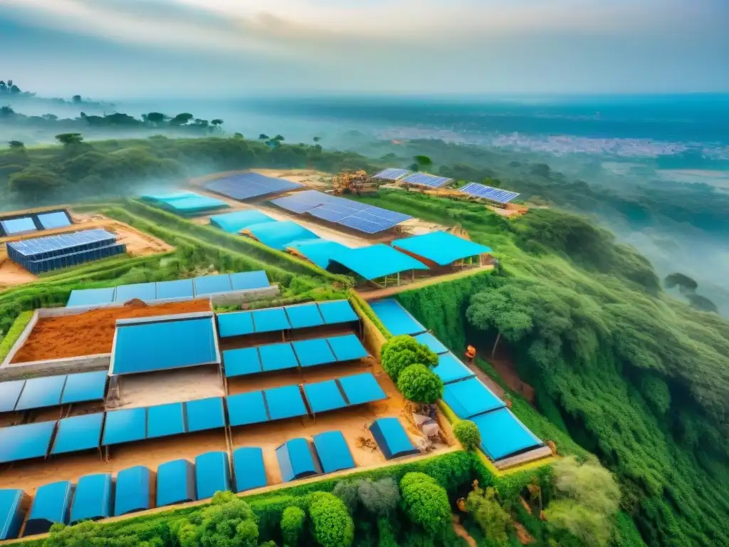 Un vibrante paisaje urbano africano en construcción sostenible, con trabajadores y materiales ecofriendly