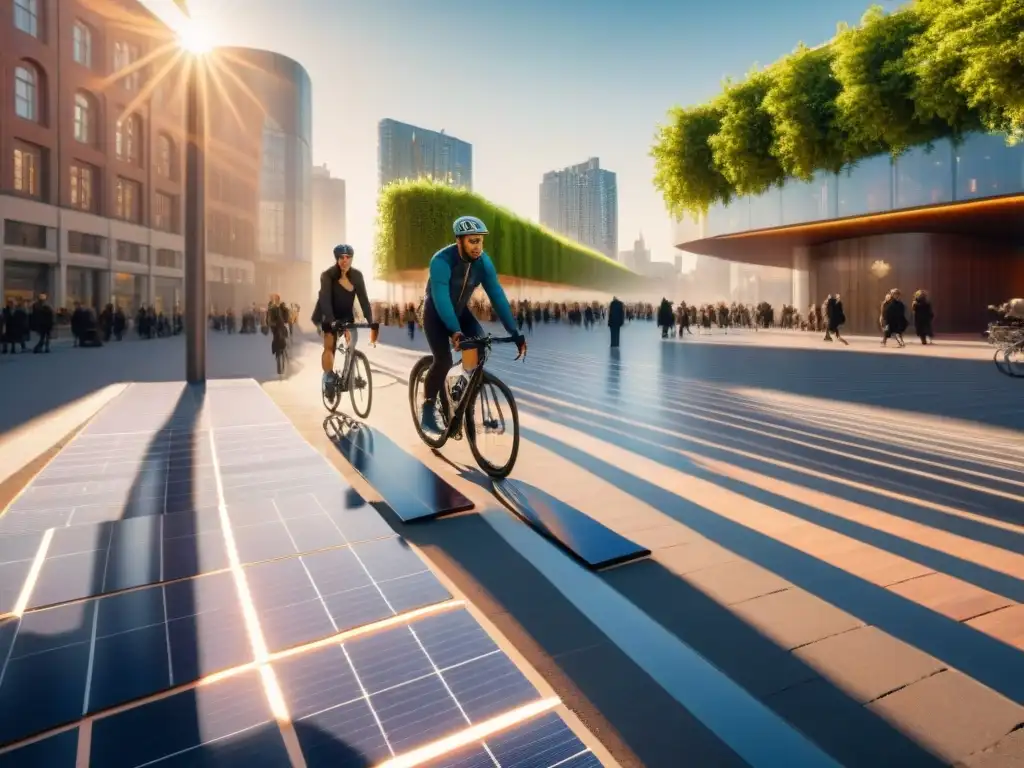 Un vibrante paisaje urbano con calles solares sostenibles, integrando innovadora tecnología en el diseño arquitectónico