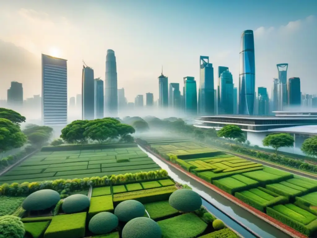 Un vibrante paisaje urbano en Asia con rascacielos y edificios verdes integrados