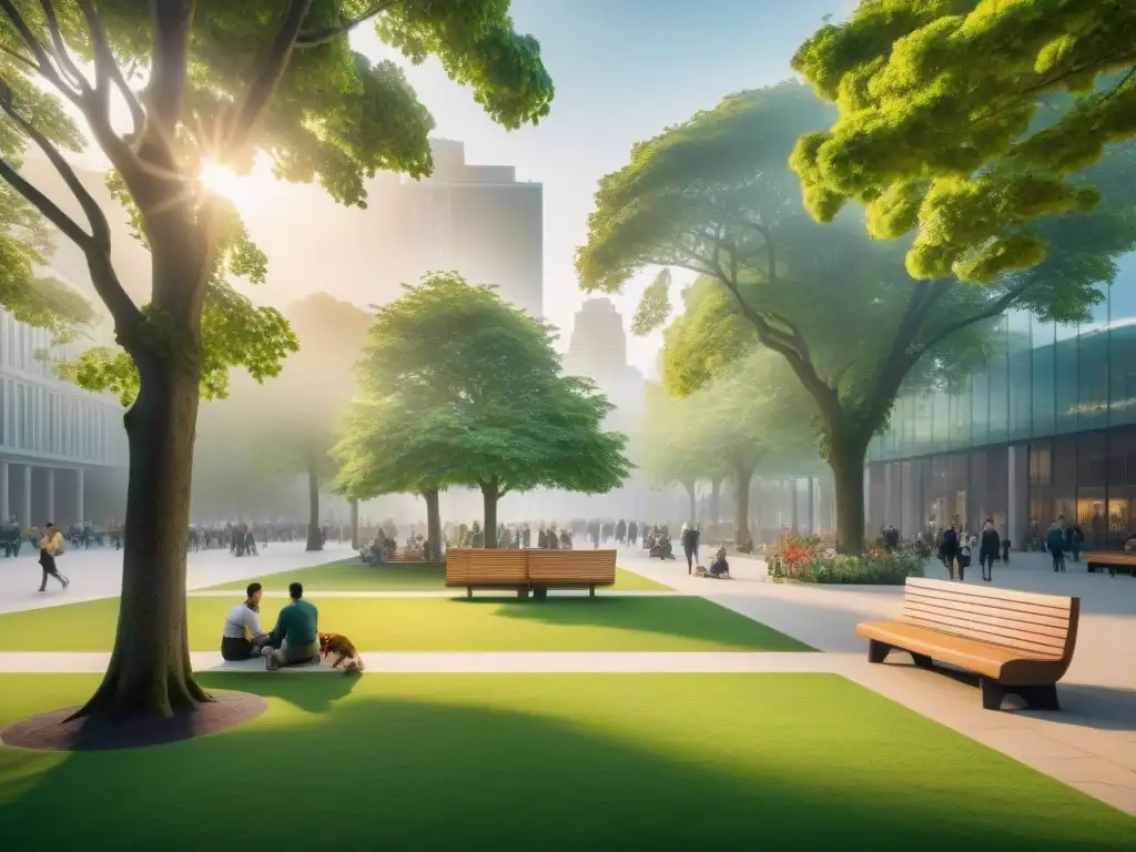 Plaza urbana convertida en oasis verde: diversidad y armonía Un vibrante parque urbano con diversidad de personas disfrutando