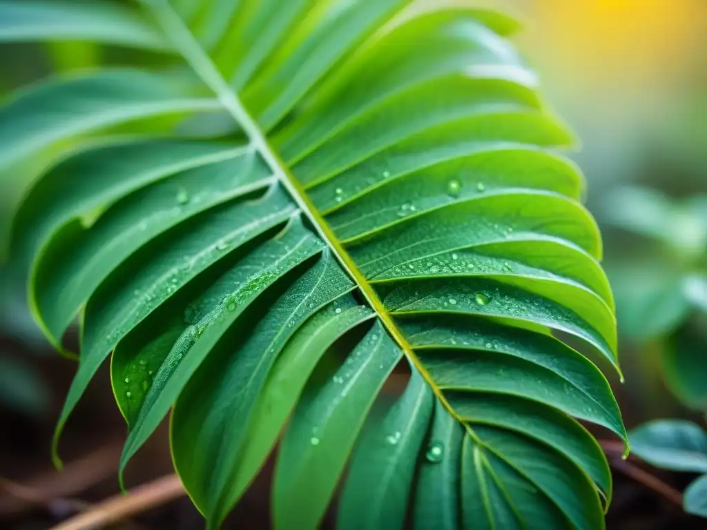 Vibrante planta verde con gotas de agua, resplandeciendo bajo la luz solar, mejora calidad aire hogar sostenible