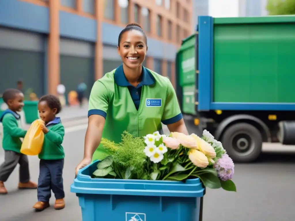 Un vibrante reciclaje urbano en una ciudad sostenible con personas de todas las edades y etnias unidas para clasificar residuos