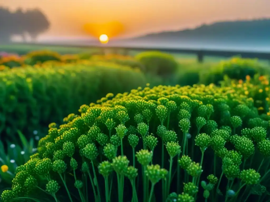 Jardín vibrante con riego inteligente para jardín sostenible al atardecer