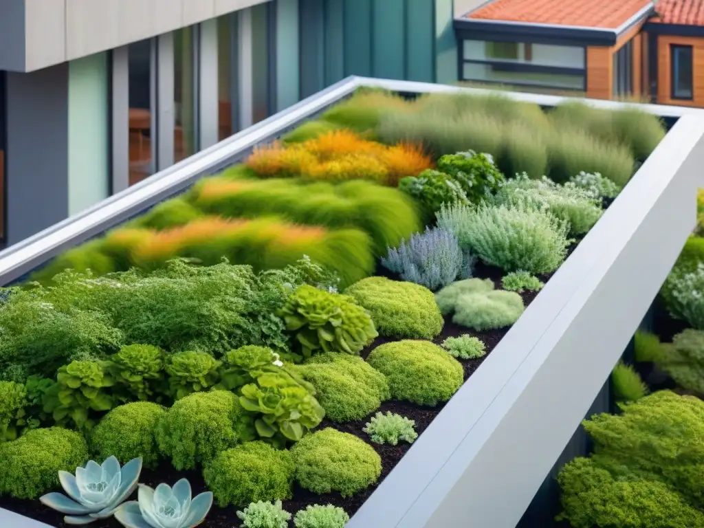 Vibrante jardín en techo verde de diseño moderno, integrado en casa sostenible