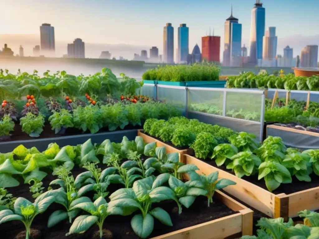 Un vibrante jardín urbano diverso cultiva alimentos en espacios urbanos entre edificios de la ciudad, con plantas prósperas y cuidadas por una persona