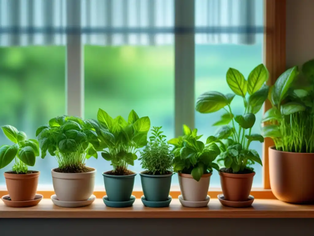 Vibrantes hierbas en macetas en un alféizar soleado, listas para cultivar hierbas frescas en casa