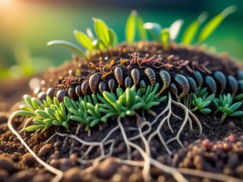 Vida microscópica y raíces en suelo saludable, crucial para un jardín sostenible