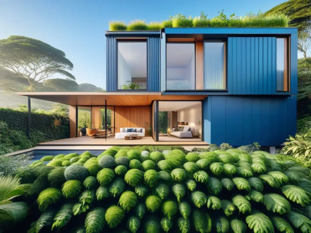 Vida sostenible minimizando huella ecológica: Casa moderna ecofriendly con paneles solares, jardín vertical y sistema de recolección de agua de lluvia