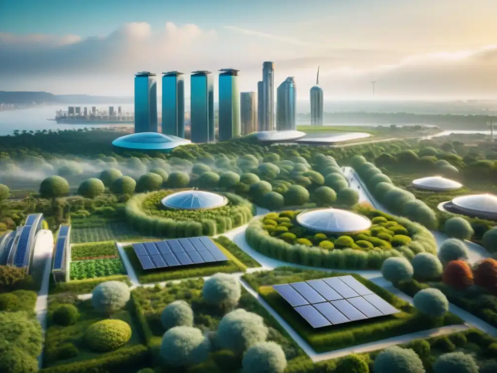 Una visión detallada de una ecociudad futurista con arquitectura verde innovadora, rodeada de energías limpias y comunidades sostenibles