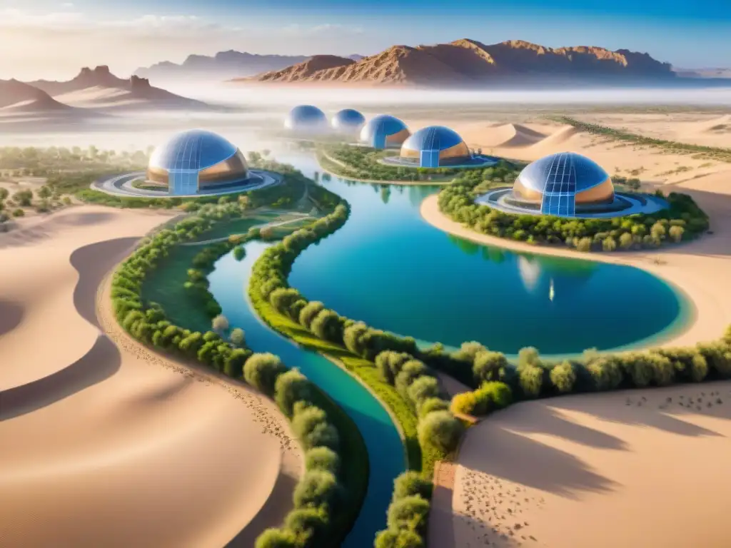 Una visión futurista de arquitectura sostenible en desiertos, con turbinas eólicas, paneles solares y vegetación exuberante