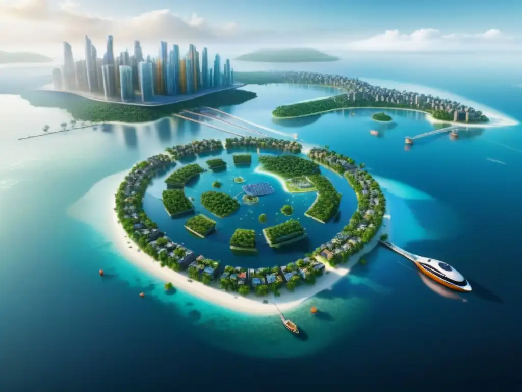Ciudad flotante futurista: arquitectura sostenible y tecnología avanzada para combatir el aumento del nivel del mar Una visión futurista de ciudades flotantes como solución al nivel del mar, integrando tecnología y naturaleza