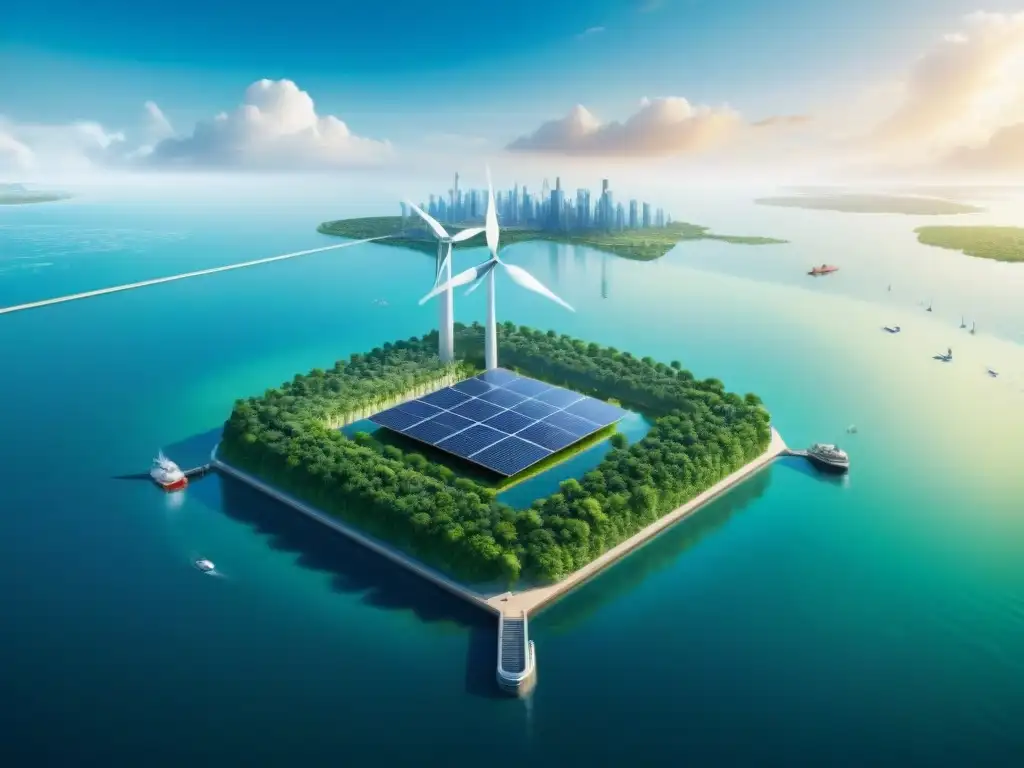 Ciudad flotante futurista frente al aumento del nivel del mar Una visión futurista de ciudades flotantes como solución al nivel del mar, con tecnología avanzada y sistemas sostenibles