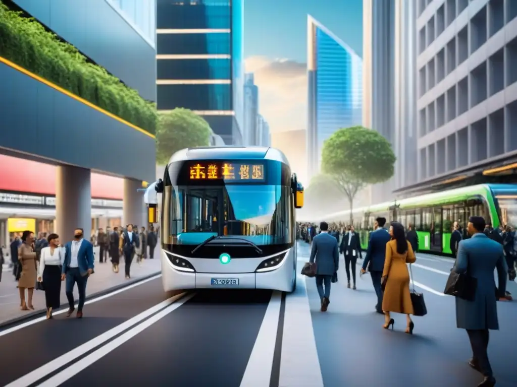 Una visión futurista del transporte público en ciudades limpias, con autobuses eléctricos innovadores y paradas ecológicas