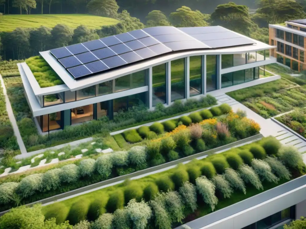 Vista aérea de arquitectura sostenible para salud pública con paneles solares y jardín sanador