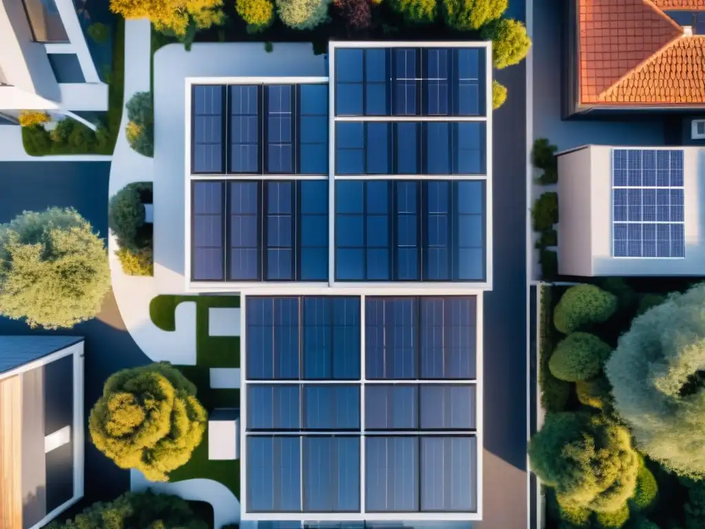 Vista aérea de un barrio moderno con paneles solares integrados en arquitectura, resaltando diseño innovador y sostenible