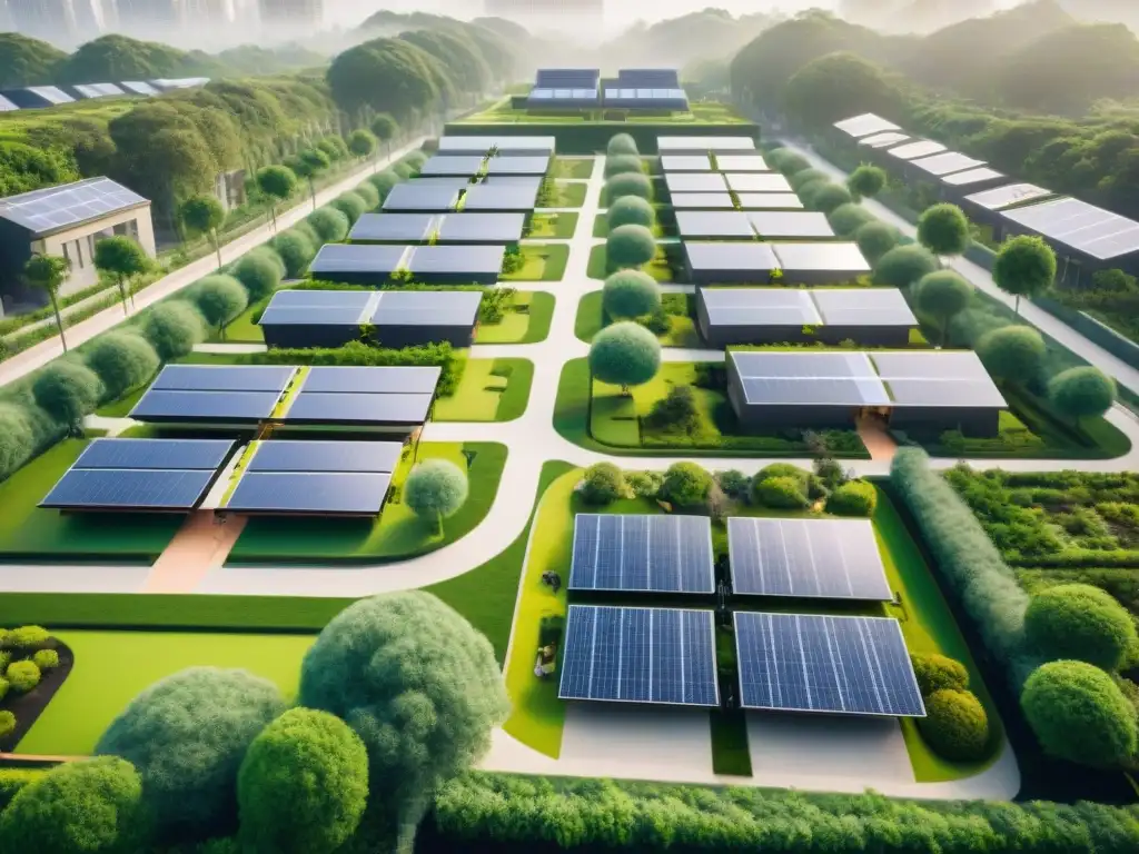 Vista aérea de barrio sostenible con edificios verdes y paneles solares