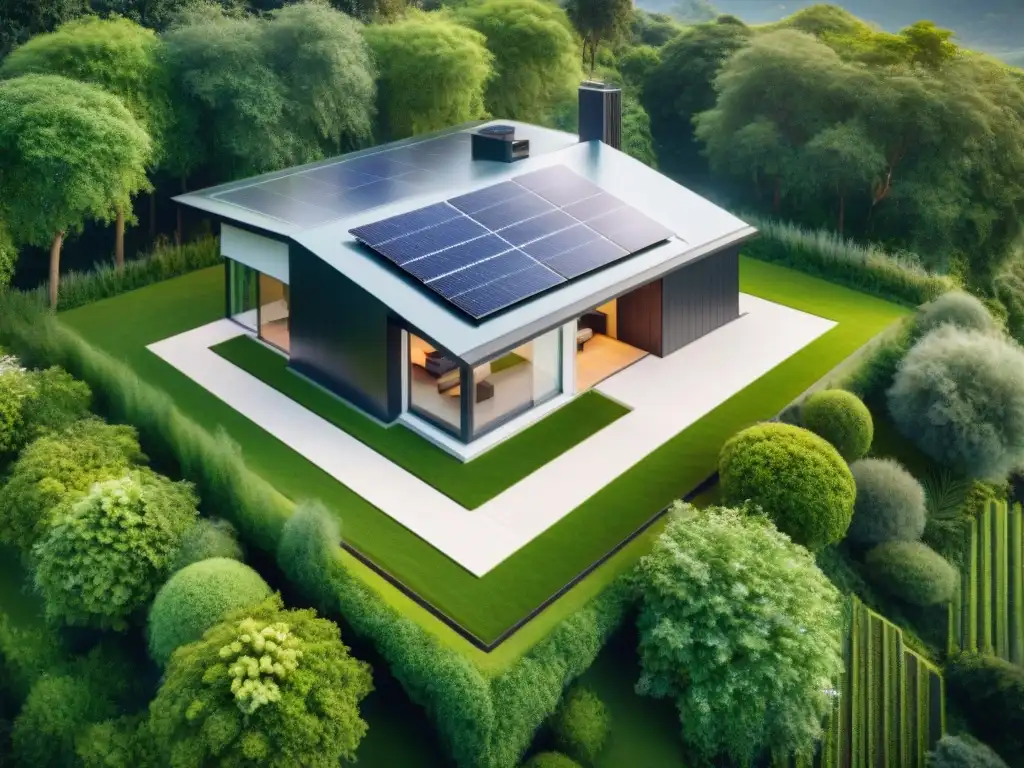 Vista aérea de casa inteligente con gestión energética en arquitectura verde