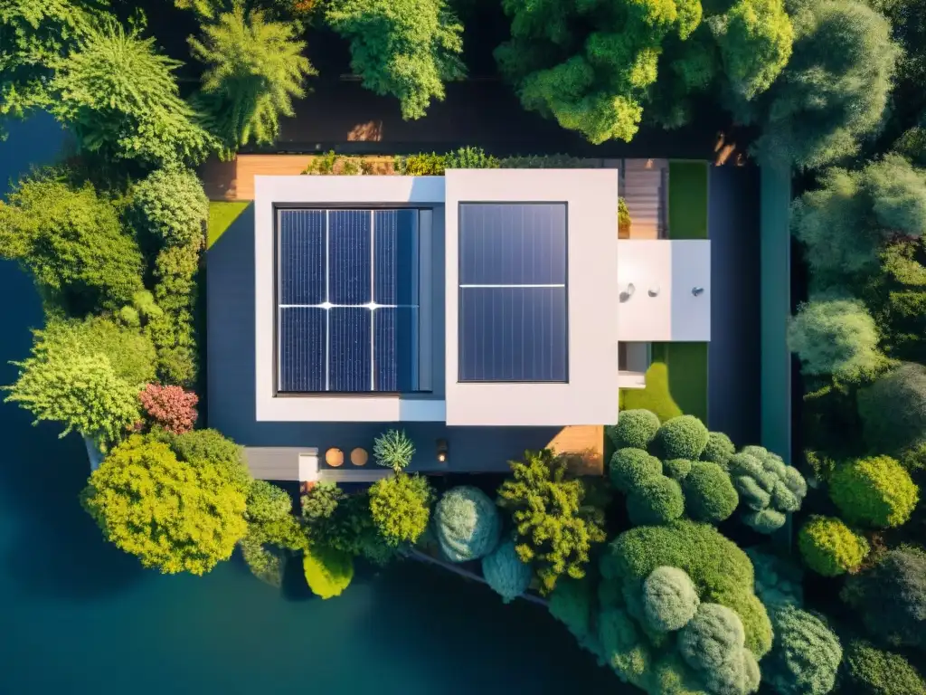 Vista aérea de una casa inteligente sostenible entre vegetación, con tecnología integrada y paneles solares brillando al sol