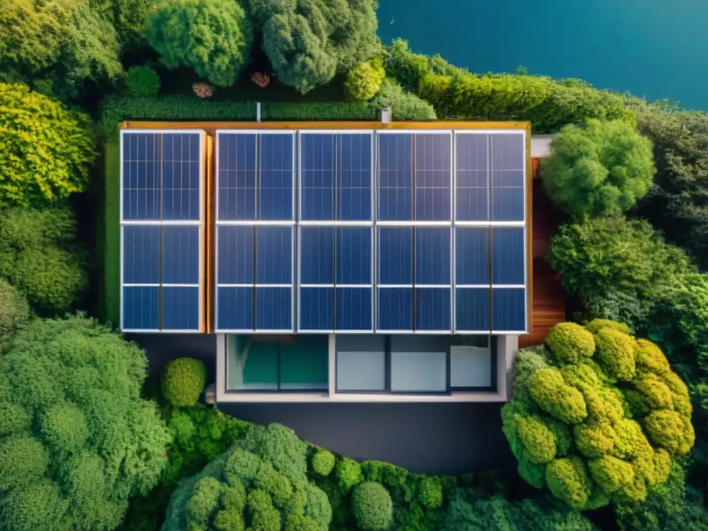 Vista aérea de casa moderna rodeada de vegetación, con paneles solares brillando al sol