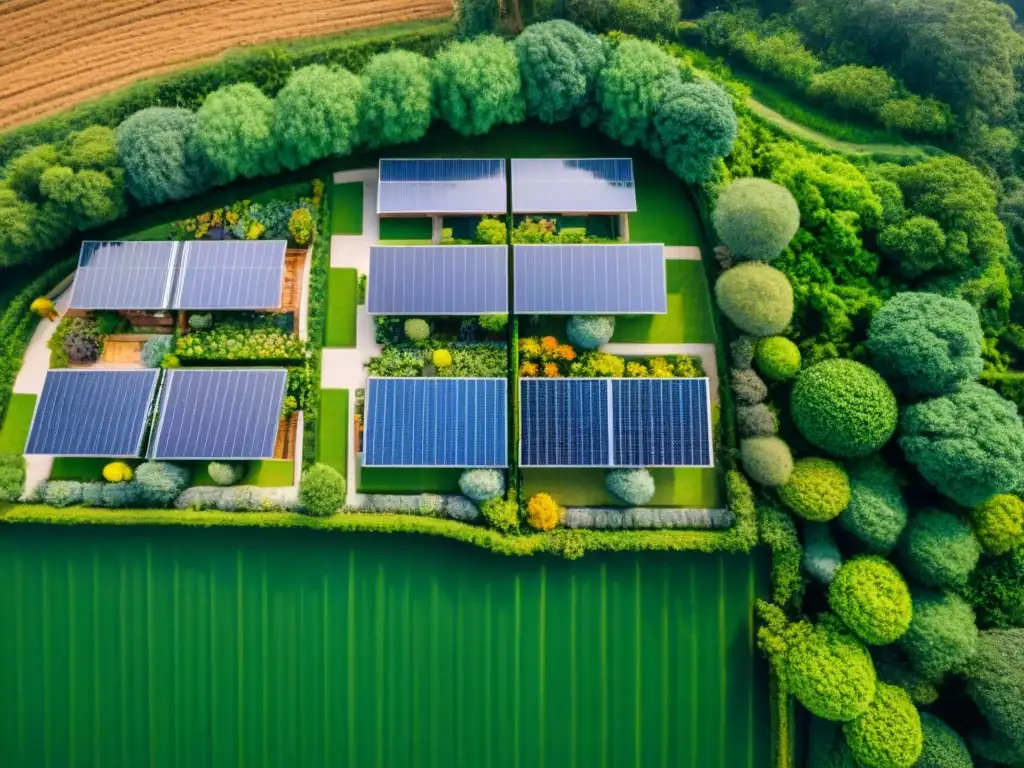 Vista aérea de casas ecoamigables con paneles solares en techos, rodeadas de vegetación