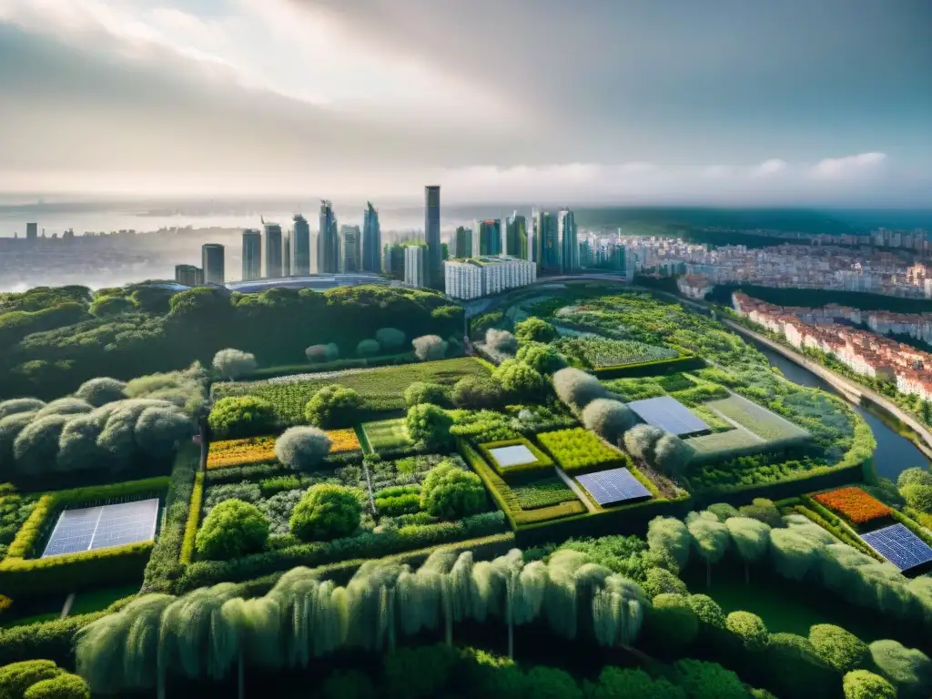 Vista aérea de ciudad con áreas grises y espacios verdes, destacando normativas construcción verde influencia pública