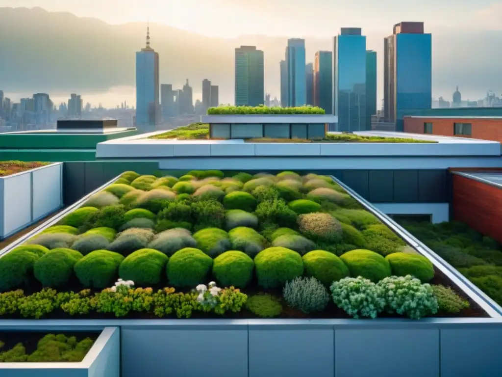 Vista aérea de una ciudad bulliciosa con techos verdes urbanos, transformando el paisaje urbano en un entorno dinámico y ecológico