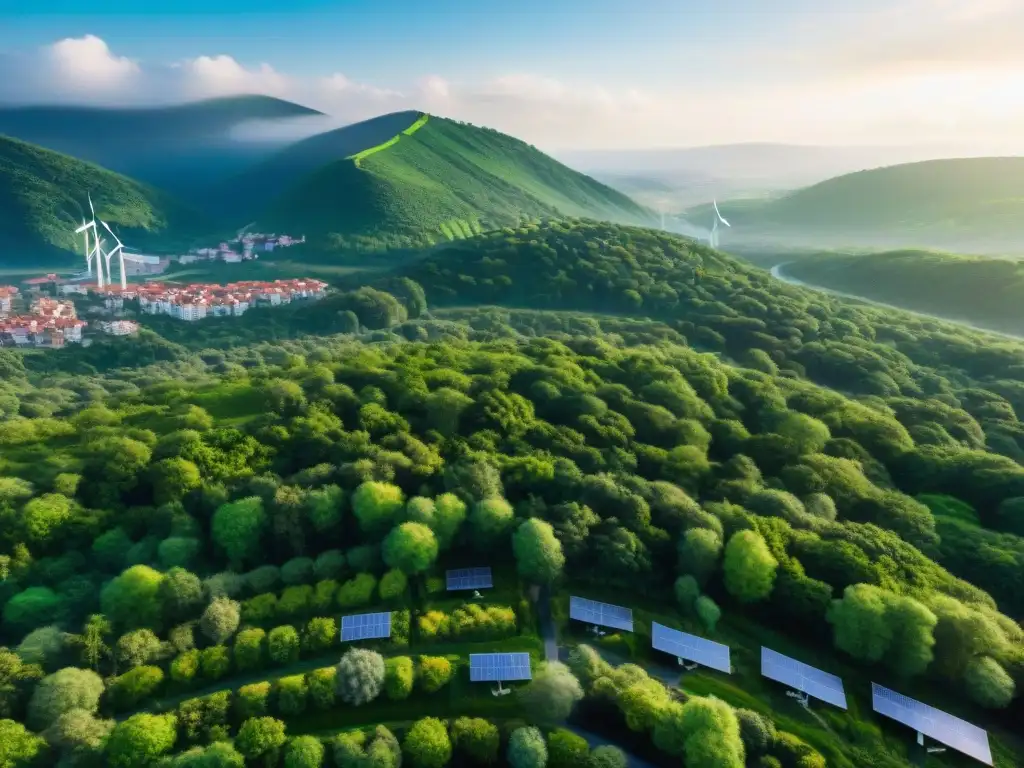 Vista aérea de ciudad eco-sostenible con techos verdes y turbinas eólicas