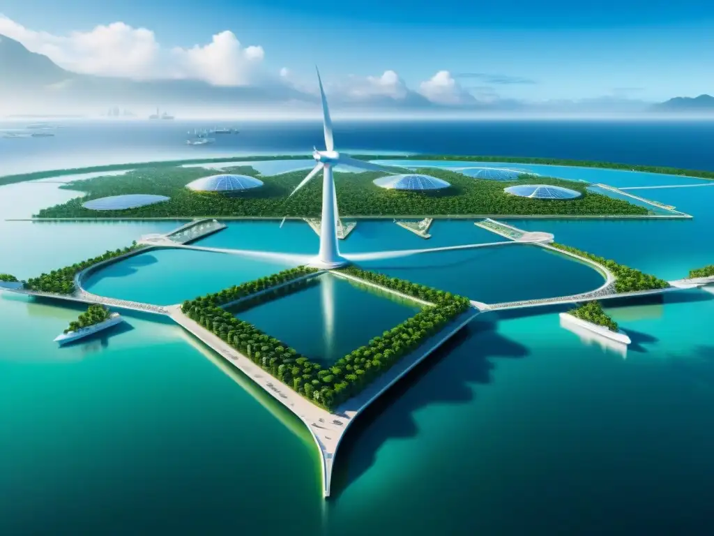 Metrópolis flotante futurista ante el cambio climático Vista aérea de una ciudad flotante futurista con tecnología avanzada y diseño sostenible, solución al nivel del mar