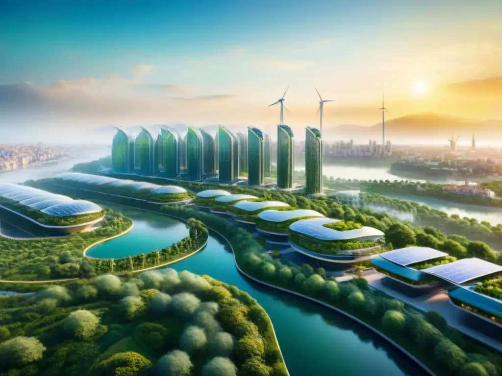 Vista aérea de una ciudad futurista sostenible con innovaciones en arquitectura verde y naturaleza integradas