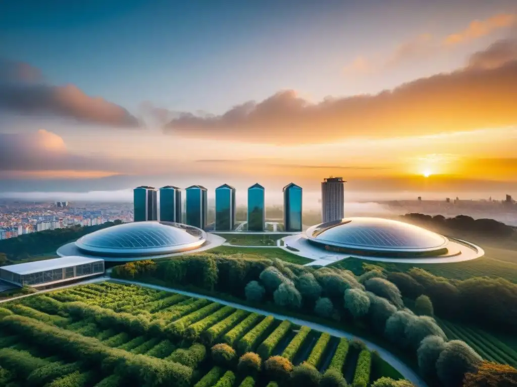 Vista aérea de una ciudad futurista con arquitectura sostenible y eficiencia energética bajo un atardecer dorado