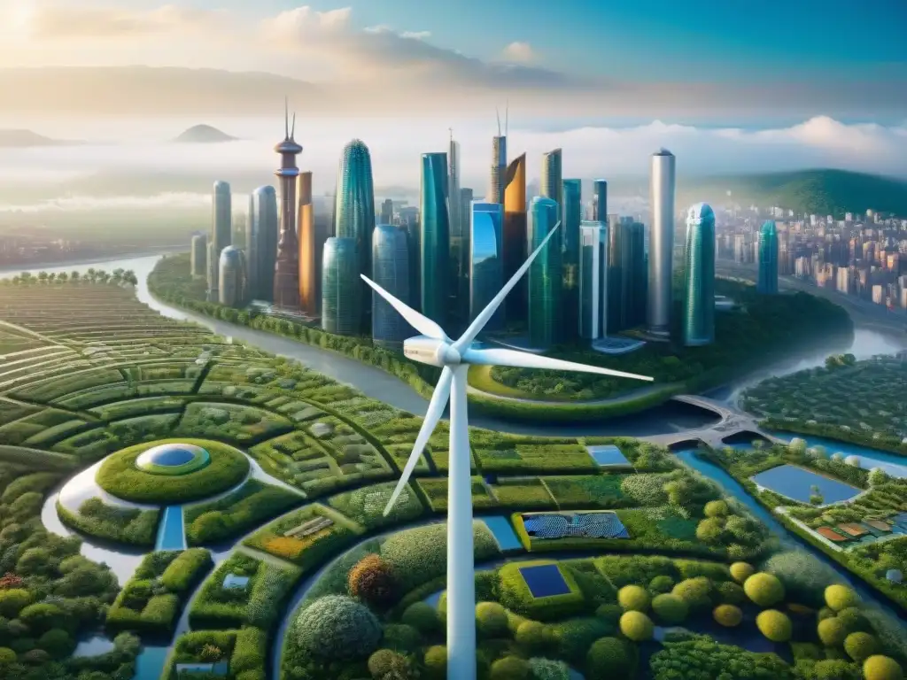 Metrópolis del futuro: arquitectura sostenible y naturaleza en armonía Vista aérea de ciudad futurista de arquitectura sostenible reciclada con espacios verdes integrados