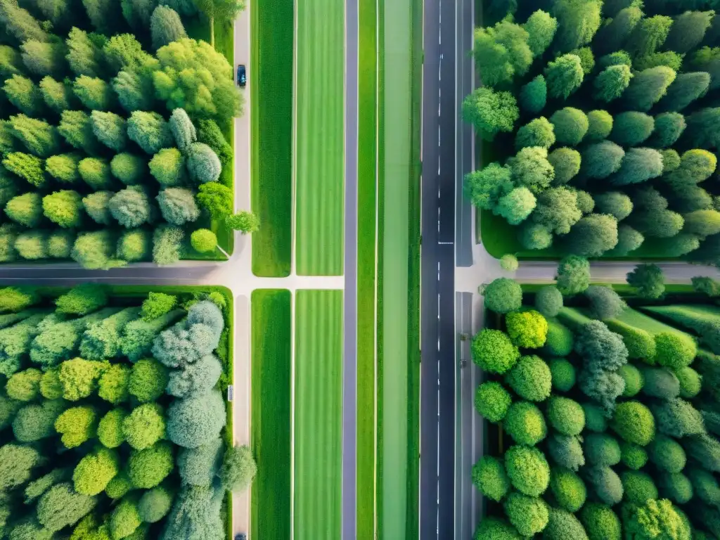 Vista aérea de ciudad integrada con parques verdes, resalta la importancia de espacios verdes en arquitectura