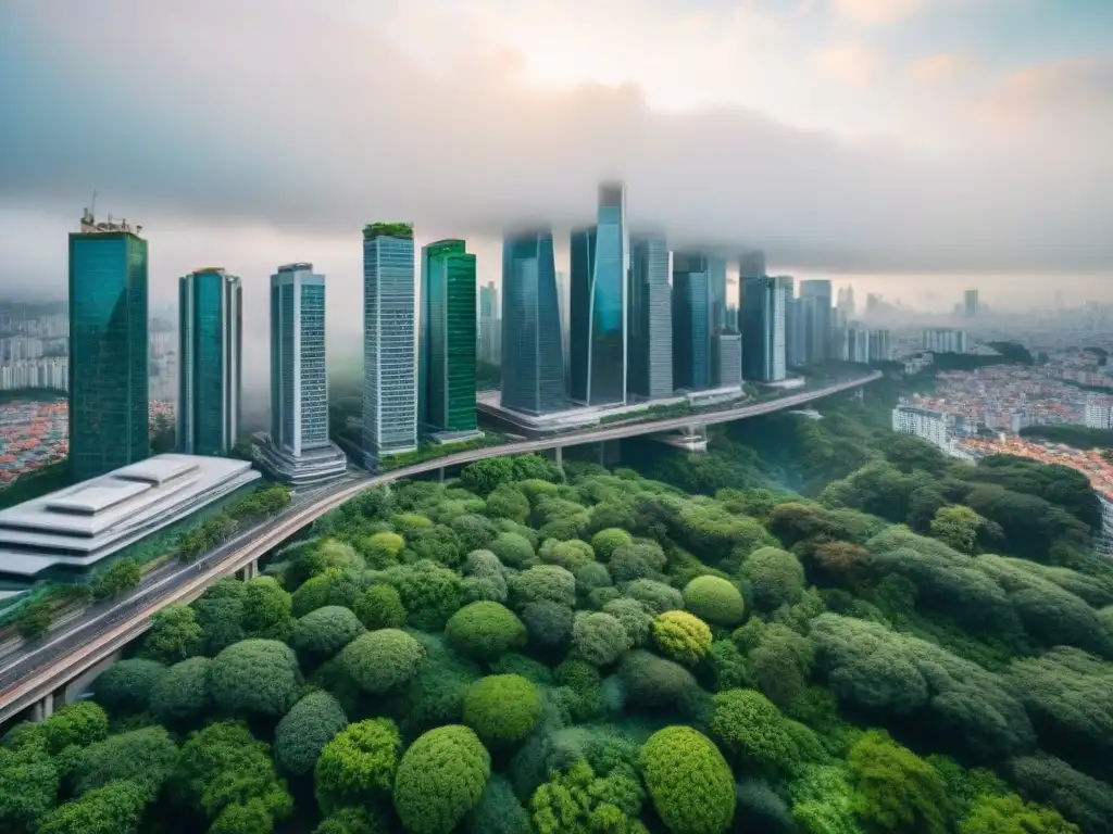 Vista aérea de una ciudad llena de rascacielos verdes, integrando naturaleza en arquitectura urbana