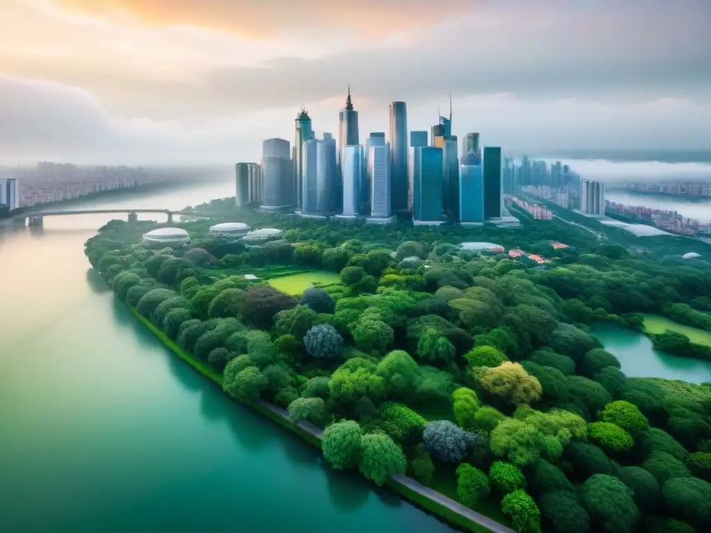 Vista aérea de una ciudad moderna con parques verdes y agua, simbolizando normativas sostenibilidad arquitectura diseño