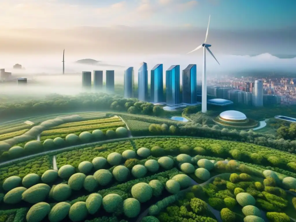 Vista aérea de la ciudad moderna con arquitectura sostenible integrada, destacando la lucha contra el cambio climático